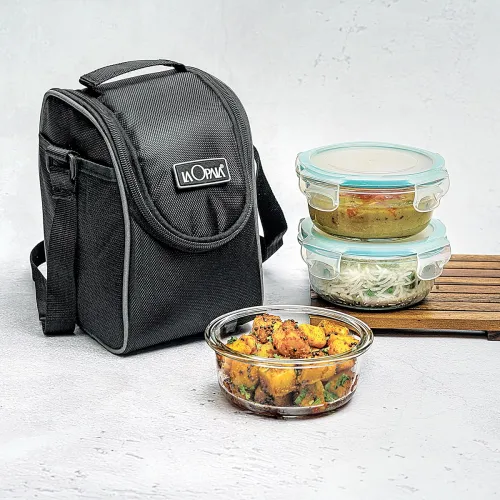 Image of La Opala Cook Serve Store 100% Borosilicate Glass Vertical Lunch Box with Bag | Set of 3, 400 ml Each, Round | with Leak