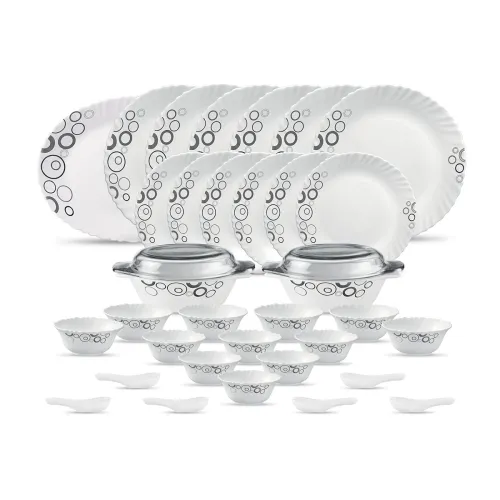 Image of La Opala Diva Classique Collection Opal Glass Crockery | for Family of 6 | Dinner Set 35 pcs Misty Drops | Plates & Bowl