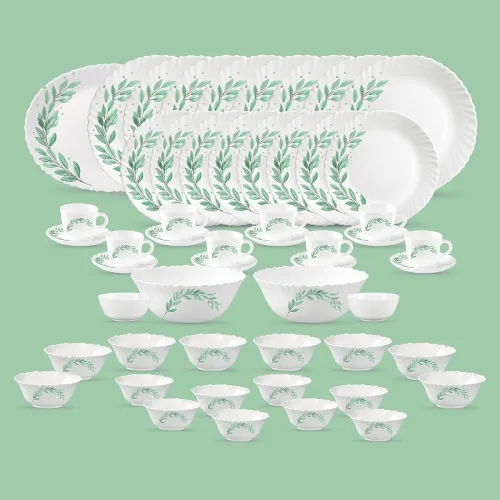 Image of La Opala Diva Classique Collection Opal Glass Crockery Dinner Set 53 pcs Olive Trails