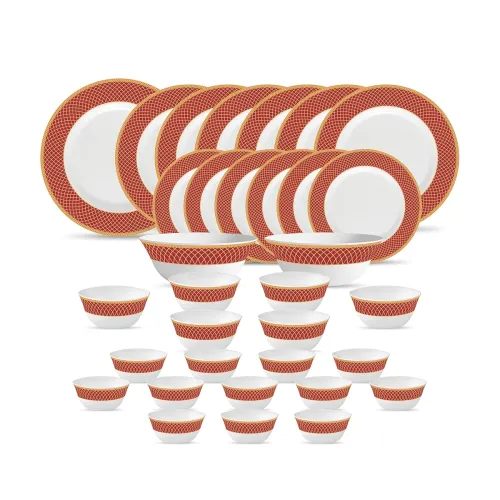 Image of La Opala Diva Sovrana Collection Opal Glass Crockery | for Family of 6 | Dinner Set 33 pcs Regent Red | Plates & Bowls f