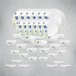 La Opala Opal Glass Crockery | for Family of 6 | Dinner Set 35 pcs Floral Fountain | Plates & Bowls for Dining | Microwa