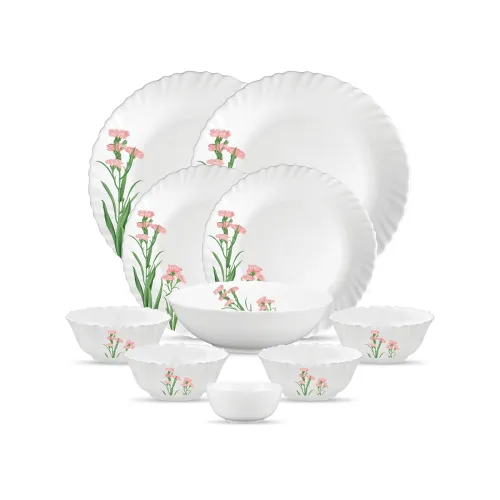 Image of La Opala Opal Glass Crockery | for Family of 2 | Dinner Set 10 pcs Pink Florets | Plates & Bowls for Dining | Microwave 