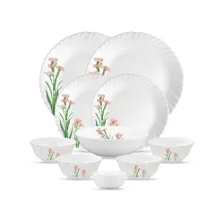 La Opala Opal Glass Crockery | for Family of 2 | Dinner Set 10 pcs Pink Florets | Plates & Bowls for Dining | Microwave 