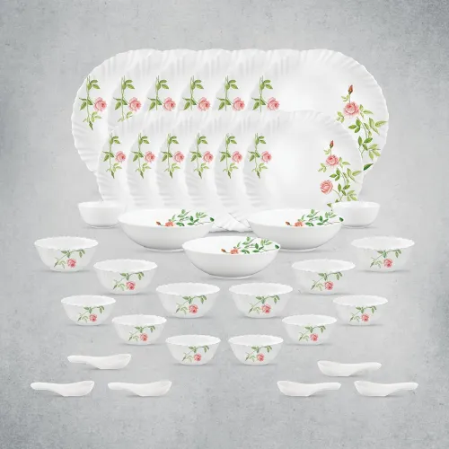 Image of La Opala Opal Glass Crockery | for Family of 6 | Dinner Set 35 pcs Rose Garden | Plates & Bowls for Dining | Microwave S