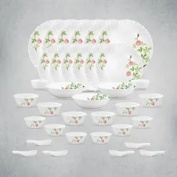 La Opala Opal Glass Crockery | for Family of 6 | Dinner Set 35 pcs Rose Garden | Plates & Bowls for Dining | Microwave S