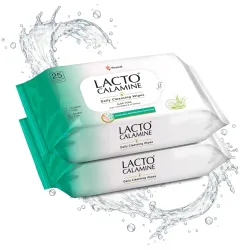 Lacto Calamine Daily Cleansing Face Wipes 25N Each - Pack of 2 | Makeup Remover Wipes | Wet Tissue for Face with Aloe Ve