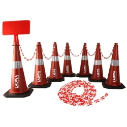 LADWA Road Traffic Cones – 750mm Height Cones with Reflective Strips, 4m Chain & 4 Hooks for Secure Barriers