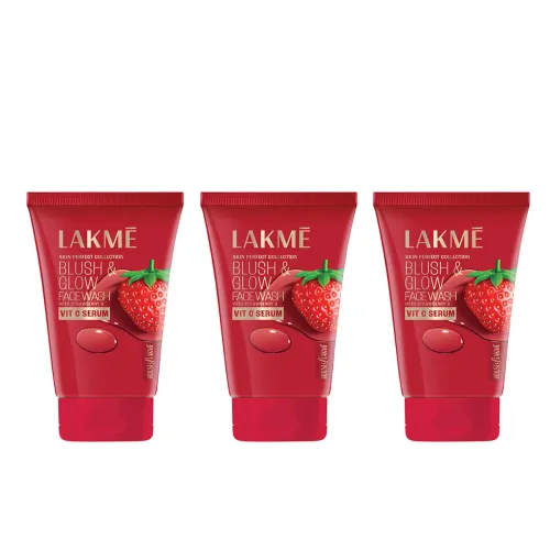 Image of Lakme 3Pcs Skin Perfect Blush & Glow Strawberry Facewash with Vitamin C Serum - 150g each