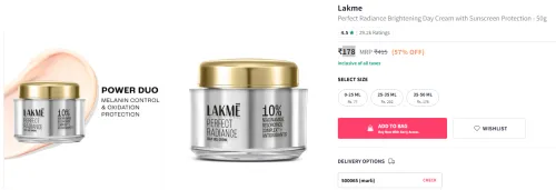 Image of Lakme Perfect Radiance Brightening Day Cream with Sunscreen Protection - 50g