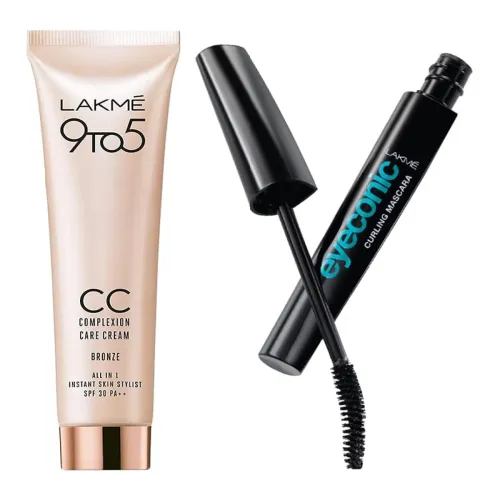 Image of Lakme Eyeconic Lash Curling Mascara, Black, 9ml & Lakme 9 to 5 CC Cream, 03 - Bronze, Light Face Makeup with Natural Cov