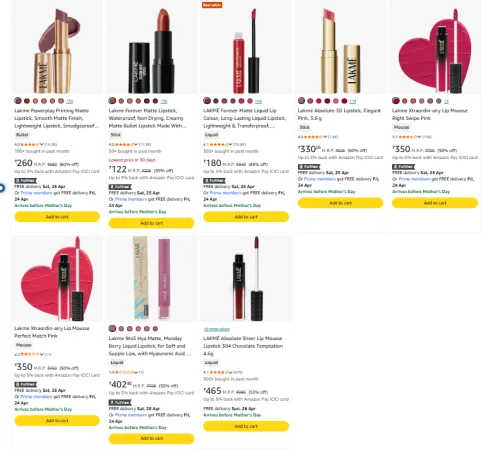 Image of Lakme Lipstick Starting @ 122