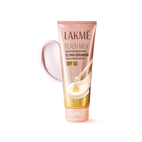 Image of Lakme Peach Milk Sunscreen Moisturiser SPF 50 PA+++ with 2% Pro-Ceramides & Peptides | 2-in-1 Daily Face Cream | 