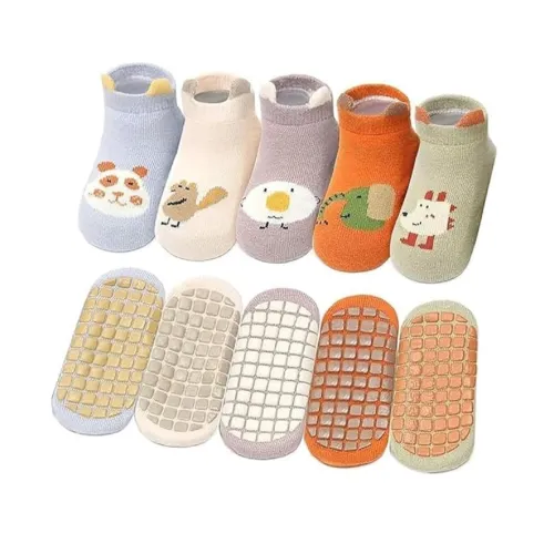 Image of Lakshiv Enterprise Baby Non-Slip Socks Set with Grip Bottom, 5 Pairs, Cotton Fabric, Cartoon Design, Size Options (Multi