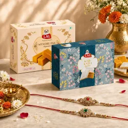 Lal Sweets Mysore Pak & Kaju Katli Combo (400g x 2) Each Combo Includes 2 Rakhi | Sweet with Rakhi Gift Pack | Premium Indian Mithai Box | Made With Ghee Sweets for Festivals & Gifting | Swe...