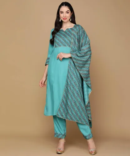 Image of Lamba Creations  Solid, Printed Kurta, Trouser / Pant & Dupatta Set