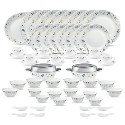 Image of La Opala Diva Classique Collection Opal Glass Crockery | for Family of 8 | Dinner Set 61 pcs Twilight Bouquet | Plates &