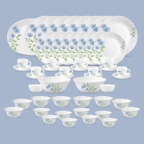 Image of La Opala Diva Classique Collection Opal Glass Crockery | for Family of 8 | Dinner Set 53 pcs Blue Daisy | Plates, Bowls 