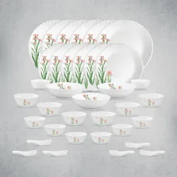 La Opala Opal Glass Crockery | for Family of 6 | Dinner Set 35 pcs Pink Florets | Plates & Bowls for Dining | Microwave 