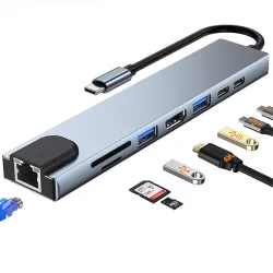 Lapster 8 USB-C Hub (8-in-1) 30Hz HDMI, 100 Mbps Ethernet, USB 3.0, microSD/SD Card Reader, Type-C Data, PD Charging, USB 2.0, Type-C Plug for Laptop, PC (Grey)