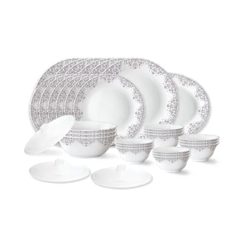 Image of Larah by Borosil Lark Fluted Series Opalware Dinner Set | 31 Pieces for Family of 6 | Microwave & Dishwasher Safe | Bone