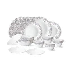Larah by Borosil Lark Fluted Series Opalware Dinner Set | 31 Pieces for Family of 6 | Microwave & Dishwasher Safe | Bone