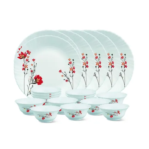 Image of Larah by Borosil Glass Chrys RedThali Set (White) - 18 Pieces
