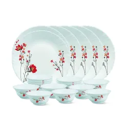 Larah by Borosil Glass Chrys RedThali Set (White) - 18 Pieces