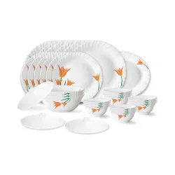 Larah by Borosil Firefly Fluted Series Opalware Dinner Set | 31 Pieces for Family of 6 | Microwave & Dishwasher Safe | B