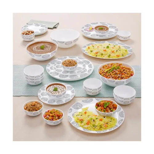 Image of Larah By Borosil Moon Moonbeam Dinner Set - 36 Pcs, Opal Glass Dinner Plates & Bowls Crockery Set for Dinning, White