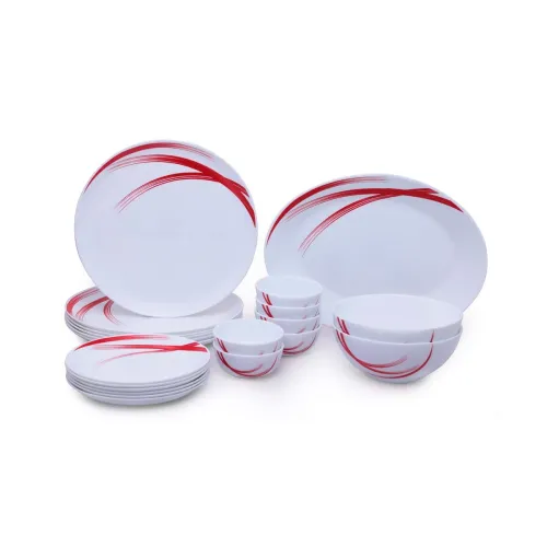 Image of Larah by Borosil - Moon Series, Red Stella 21 Pieces Opalware Dinner Set, White