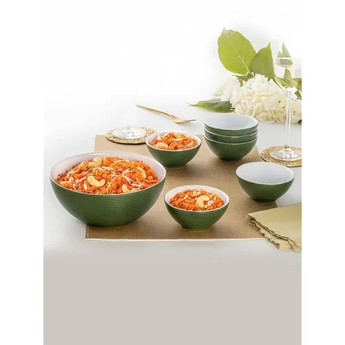 Image of Larah Borosil Olive Green Orbit Pudding Bowl Set, 7 Pcs