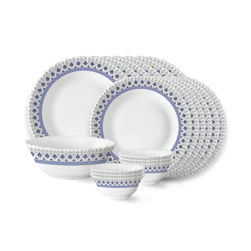 Image of Larah by Borosil Ocean Fluted Series Opalware Dinner Set | 19 Pieces for Family of 6 | Microwave & Dishwasher Safe | Bon