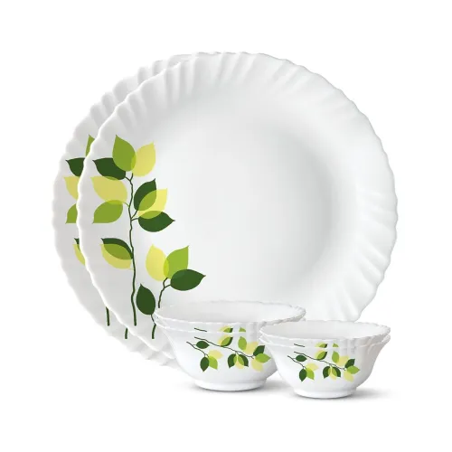 Image of Larah by Borosil Green Leaves Silk Series Opalware Dinner Set | 6 Pieces for Family of 2 | Microwave & Dishwasher Safe |