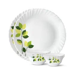 Larah by Borosil Green Leaves Silk Series Opalware Dinner Set | 6 Pieces for Family of 2 | Microwave & Dishwasher Safe |
