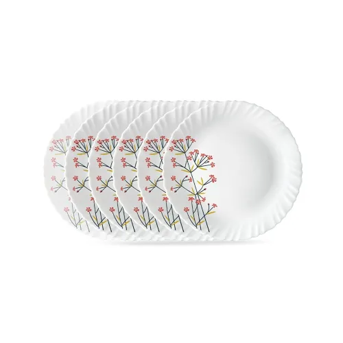Image of Larah by BOROSIL Red Bud 6 Pcs Opalware Plate Set (Dia - 10 inch), White
