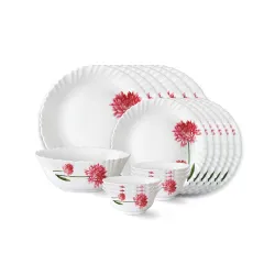 Larah by Borosil Belle Fluted Series Opalware Dinner Set | 19 Pieces for Family of 6 | Microwave & Dishwasher Safe | Bon