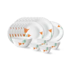 Larah by Borosil Firefly Fluted Series Opalware Dinner Set of 6 Full Plate 6 Quarter Plates 6 Veg Bowls 6 Soup Bowl 2 Serving Bowl and 1 Oval Rice Plate | Bone-Ash Free Crockery Set (White,....