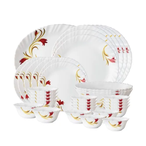 Image of Larah by Borosil 33-Pc Dinner Set (Red Lily, Microwave Safe, Bone-Ash Free) 