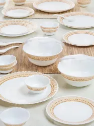 Larah by BOROSIL Jupiter Halo Silk Series White Ethnic Motifs Opalware Microwave Safe 34 Piece Dinner Set