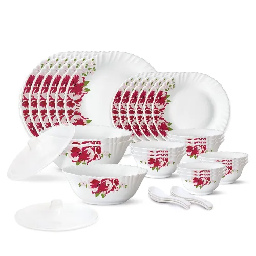 Image of Larah by Borosil 35 Pieces Rose Red Opalware Dinner Set for Family of 6