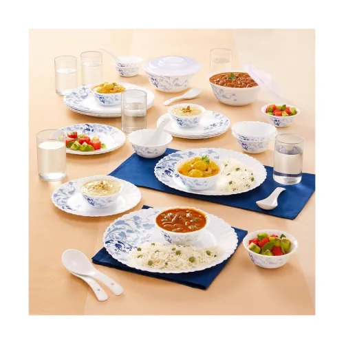 Image of Larah By Borosil Blue Eve Silk Series Opalware Dinner Set with Glasses, 40 Pieces for Family of 6, Microwave & Dishwashe