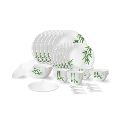 Image of Larah by Borosil Bamboo Leaves Fluted Series Opalware Dinner Set | 40 Pieces for Family of 6 