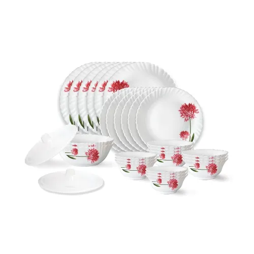 Image of Larah by Borosil Belle Fluted Series Opalware Dinner Set | 28 Pieces for Family of 6 |