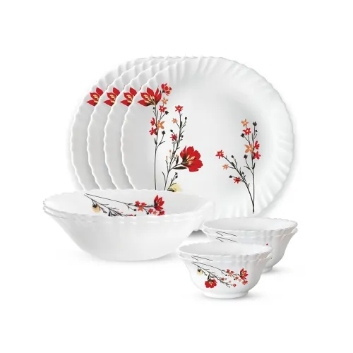 Image of Larah by Borosil Chrys Red Opalware Dinner Set, 10 -Piece, White