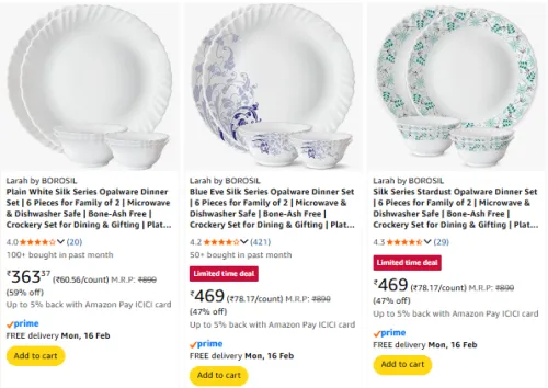 Image of Larah by Borosil Dinner set Starting @ ₹363 