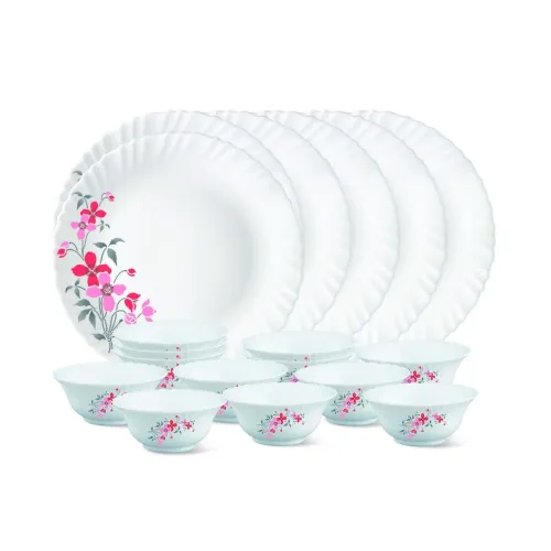 Image of Larah By Borosil Floral Glass Florethali Set (White)-18 Pieces