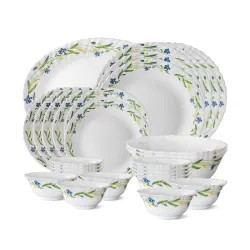 Larah by BOROSIL Fluted Series Cripper Opalware Dinner Set | 27 Piece for Family of 6 | Microwave & Dishwasher Safe | Bo