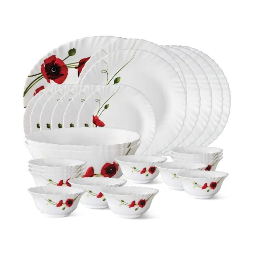 Image of Larah by BOROSIL Fluted Series Red Carnation Opalware Dinner Set, 27 piece