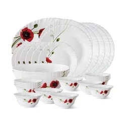Larah by BOROSIL Fluted Series Red Carnation Opalware Dinner Set | 27 Piece for Family of 6 | Microwave & Dishwasher Safe | Bone-Ash Free | Crockery Set for Dining & Gifting | Plates & Bowls...