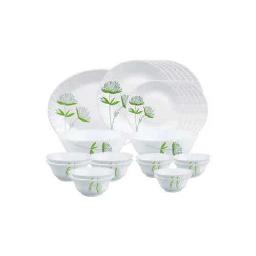 Image of Larah By Borosil Green Lily Opalware Dinner Set, 27 Pcs, White